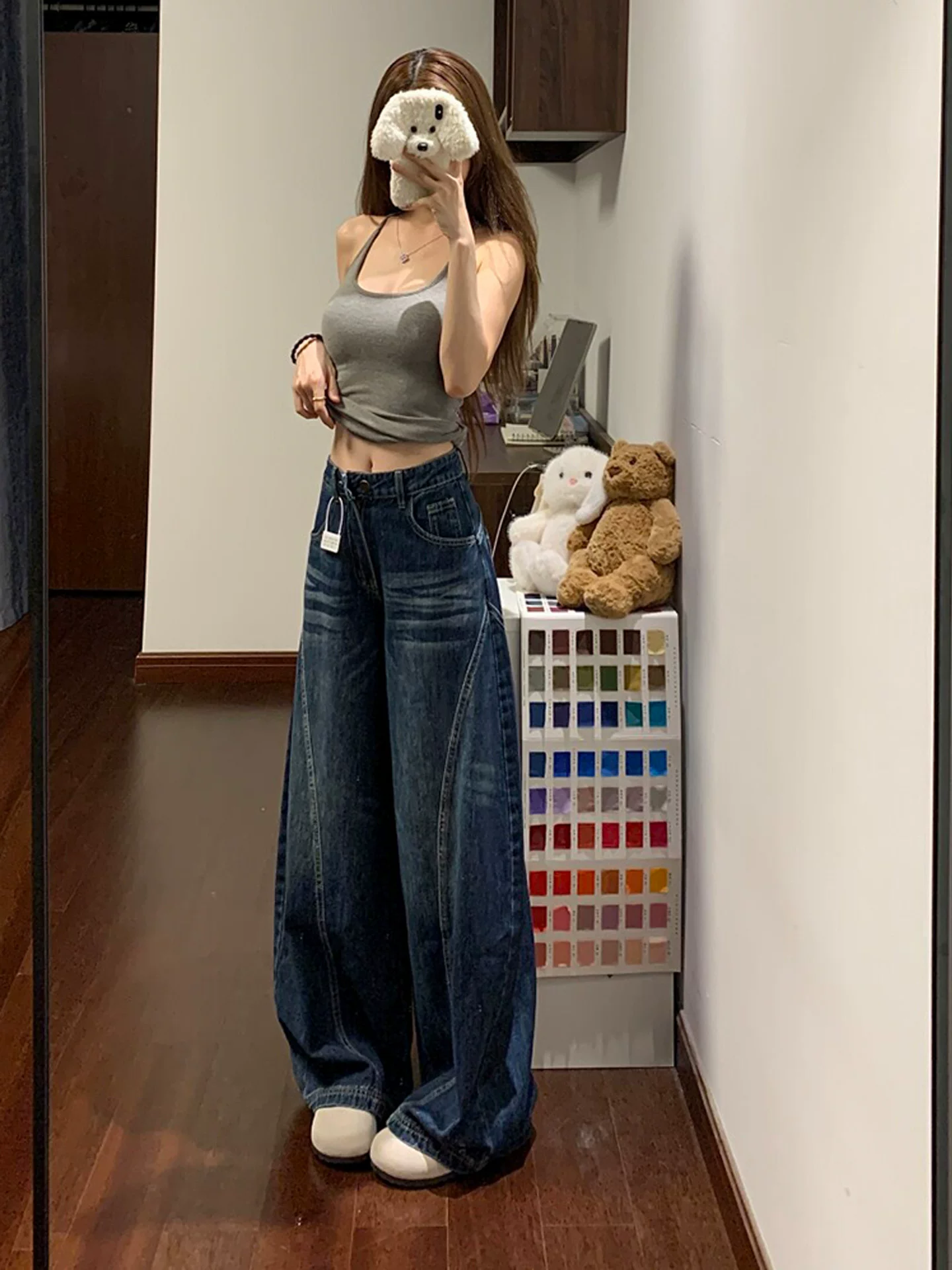 Quần jean kiểu cổ điển Mỹ dành cho nữ, phong cách đầu thu, cỡ lớn, lưng cao, dáng rộng, thon gọn, ống rộng, quần dài đến sàn