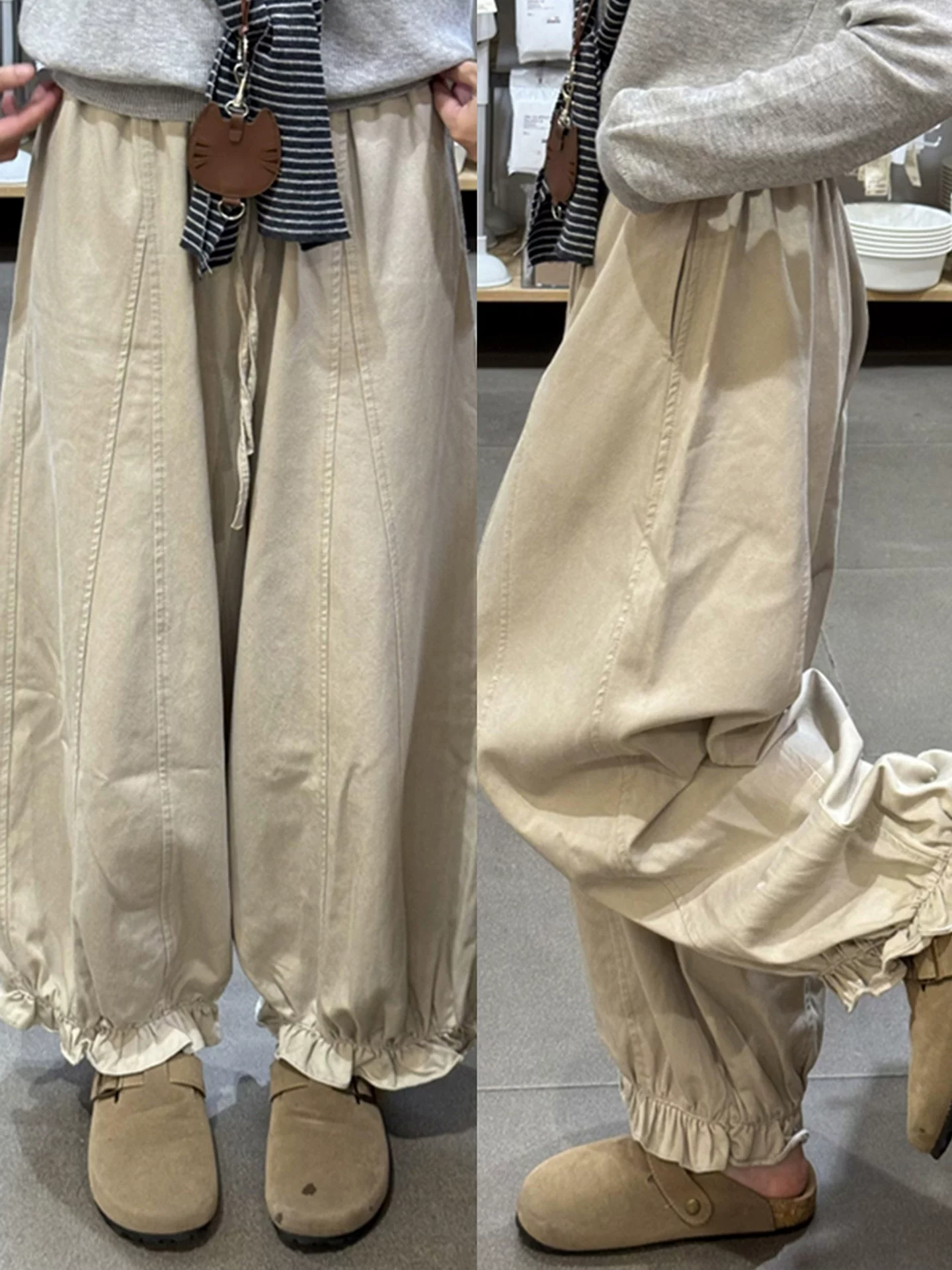 Quần crop hoa màu kaki cho nữ, mùa thu, cỡ lớn, lưng cao, giảm béo, dáng quả lê, quần đèn lồng kiểu dáng đơn giản