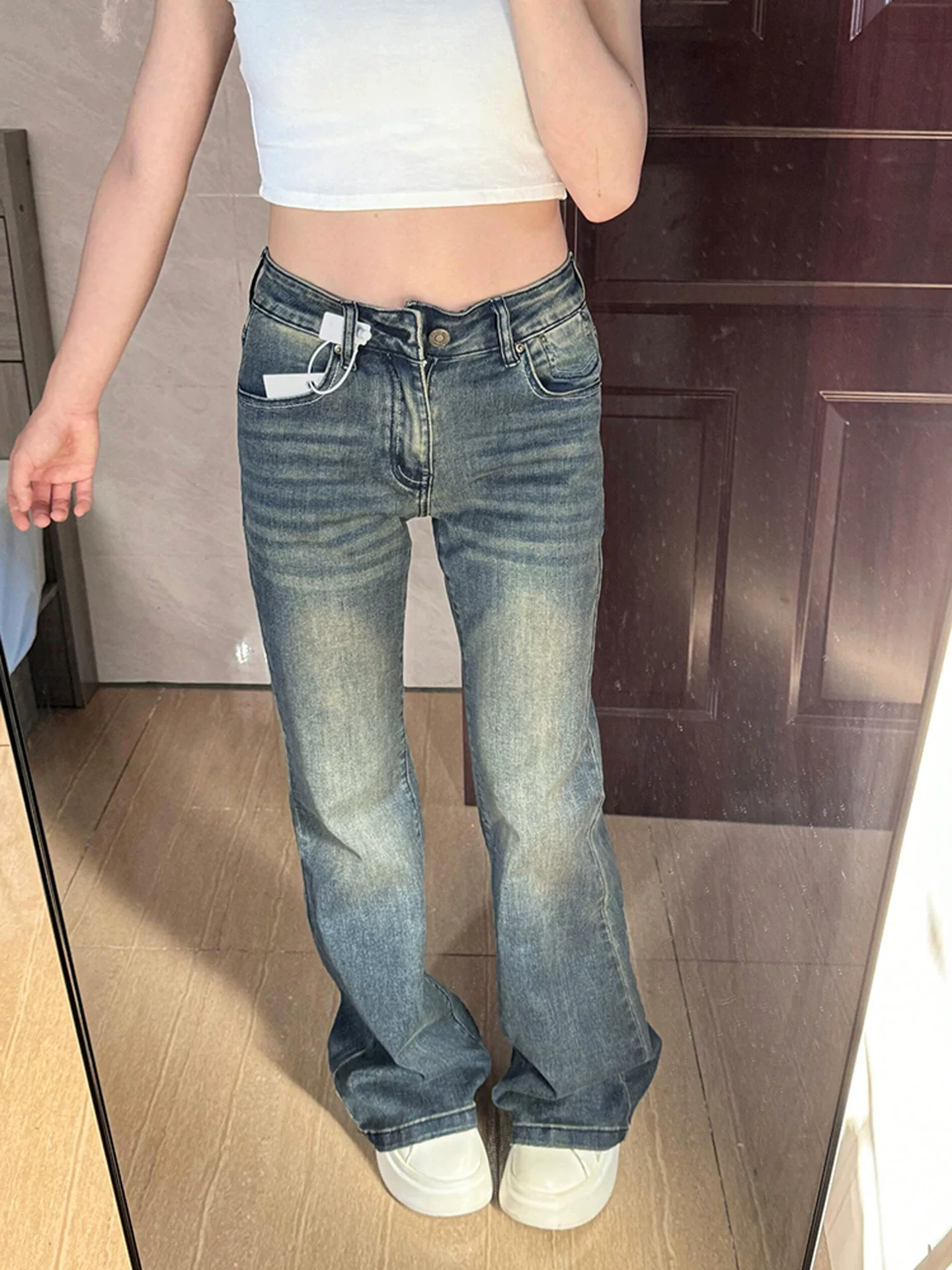 Quần jean bootcut cổ điển dành cho nữ, phong cách đầu thu, cỡ lớn, lưng cao, co giãn, giảm béo, dáng quả lê, quần ống loe hình móng ngựa