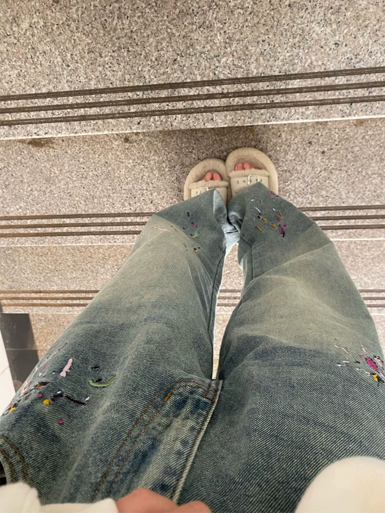 Quần jean ống thẳng thêu hình quả lê dành cho nữ, cỡ lớn, mặc đầu thu, lưng cao, dáng rộng, che hông, quần ống rộng giảm béo