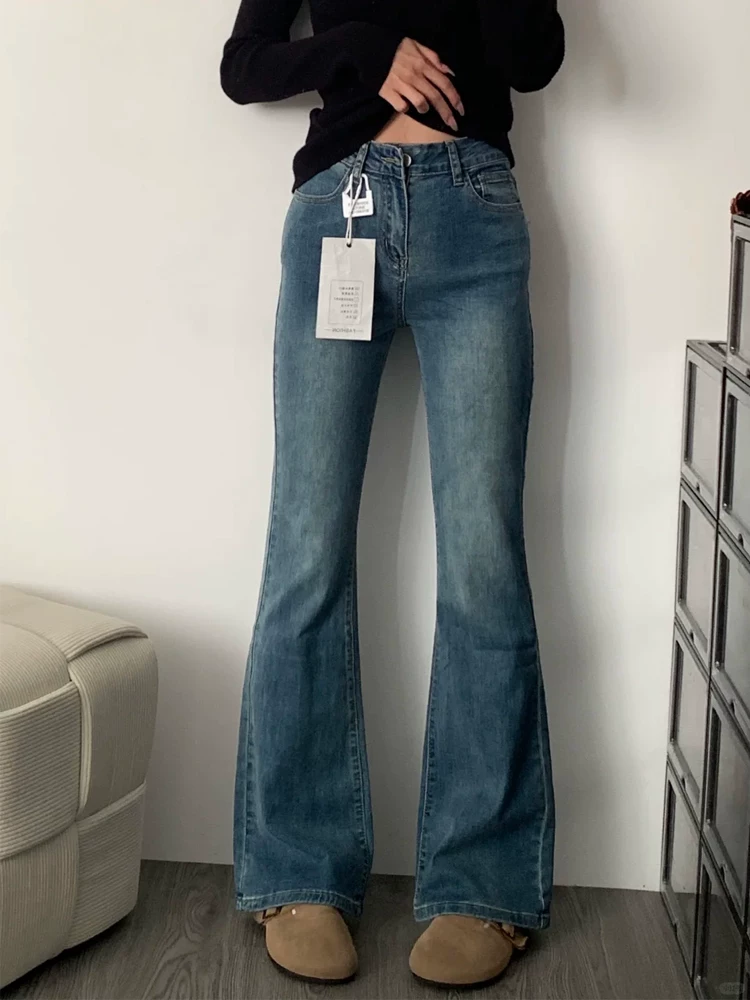 Quần jeans ống loe thẳng dày dặn lót lông cừu dành cho nữ mùa đông 2024, size lớn, cạp cao, co giãn, che hông, tôn dáng, kiểu chuông