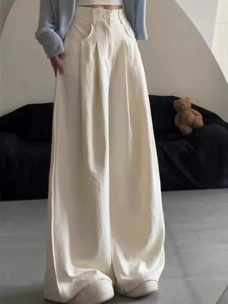 Quần tây màu sữa xám cho nữ, cỡ lớn mùa hè, lưng cao, dáng rộng, mềm mại, tôn dáng, dáng quả lê, quần ống rộng