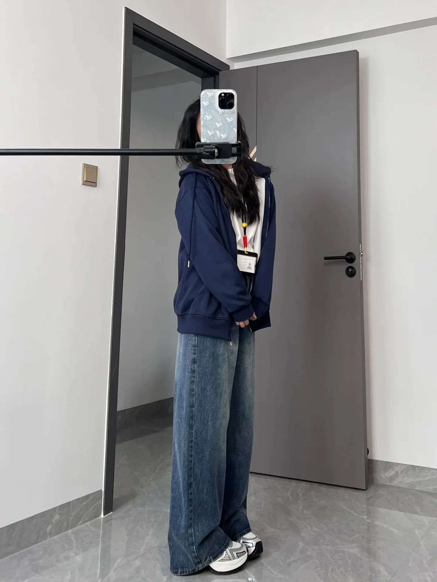 Quần jean ống rộng lưng cao màu xanh cổ điển dành cho nữ, mùa thu đông, lót lông cừu, cỡ lớn, dáng rộng cho người có thân hình quả lê, quần dài ống thẳng