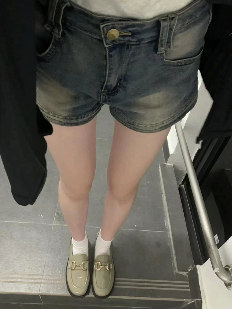 Quần short denim cổ điển kiểu Mỹ dành cho nữ, kiểu dáng mỏng mùa hè, thích hợp cho người hơi mũm mĩm, cỡ lớn, cạp cao, che hông, quần chữ A giảm béo.