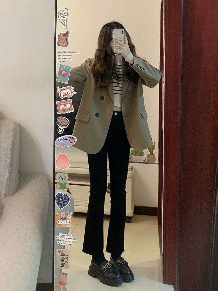 Quần jean dáng chuông dành cho nữ, size lớn, dáng hơi mũm mĩm, mặc đầu thu, cạp cao, co giãn, che hông, ống thẳng, quần lửng