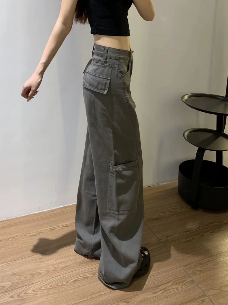 Quần jean công sở màu xám cổ điển của Mỹ dành cho nữ, phong cách mùa xuân mới, cỡ lớn, lưng cao, dáng rộng, giảm béo, quần ống rộng