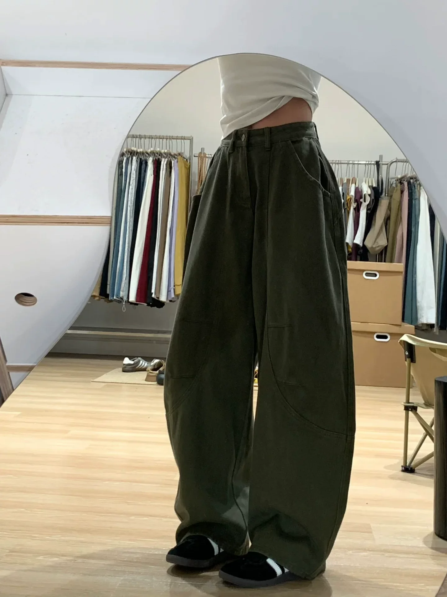 Quần jean ống rộng màu xanh quân đội dành cho nữ, phong cách mùa thu, cỡ lớn, lưng cao, dáng rộng, thon gọn, mềm mại, quần dài đến sàn