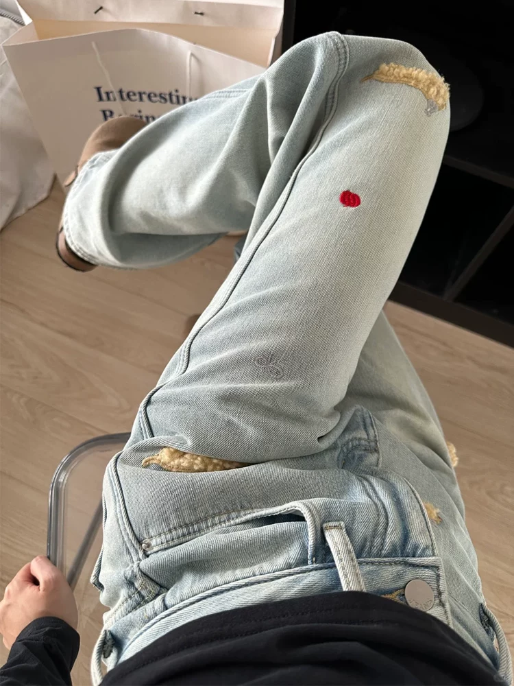 Quần jean ống thẳng dày lót lông cho chó Dachshund dành cho nữ, phong cách thu đông, cỡ lớn, lưng cao, dáng rộng, giảm béo, quần ống rộng