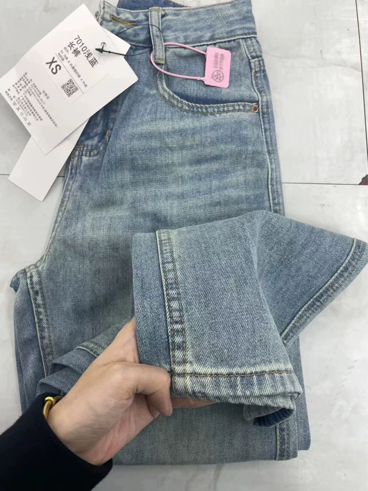 Quần jean ống đứng màu xanh nhạt dành cho nữ, cỡ lớn, kiểu dáng mới mùa xuân, lưng cao, dáng rộng, che hông, giảm béo, quần ống rộng hẹp