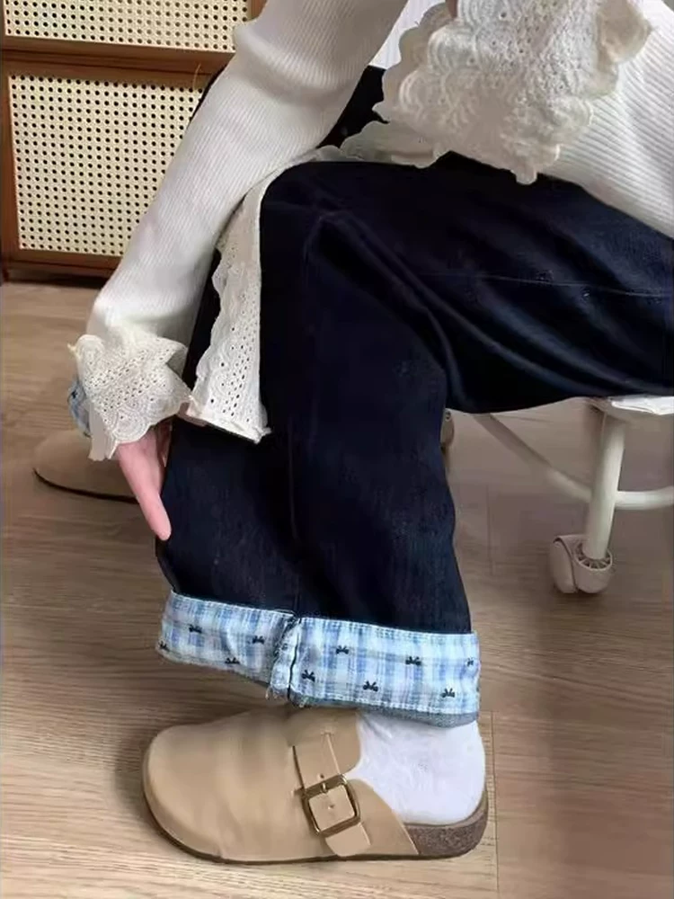 Quần jean ống đứng cho nữ, mùa xuân, cỡ lớn, lưng cao, dáng rộng, giảm béo, dáng quả lê, chắp vá kẻ sọc, quần ống rộng