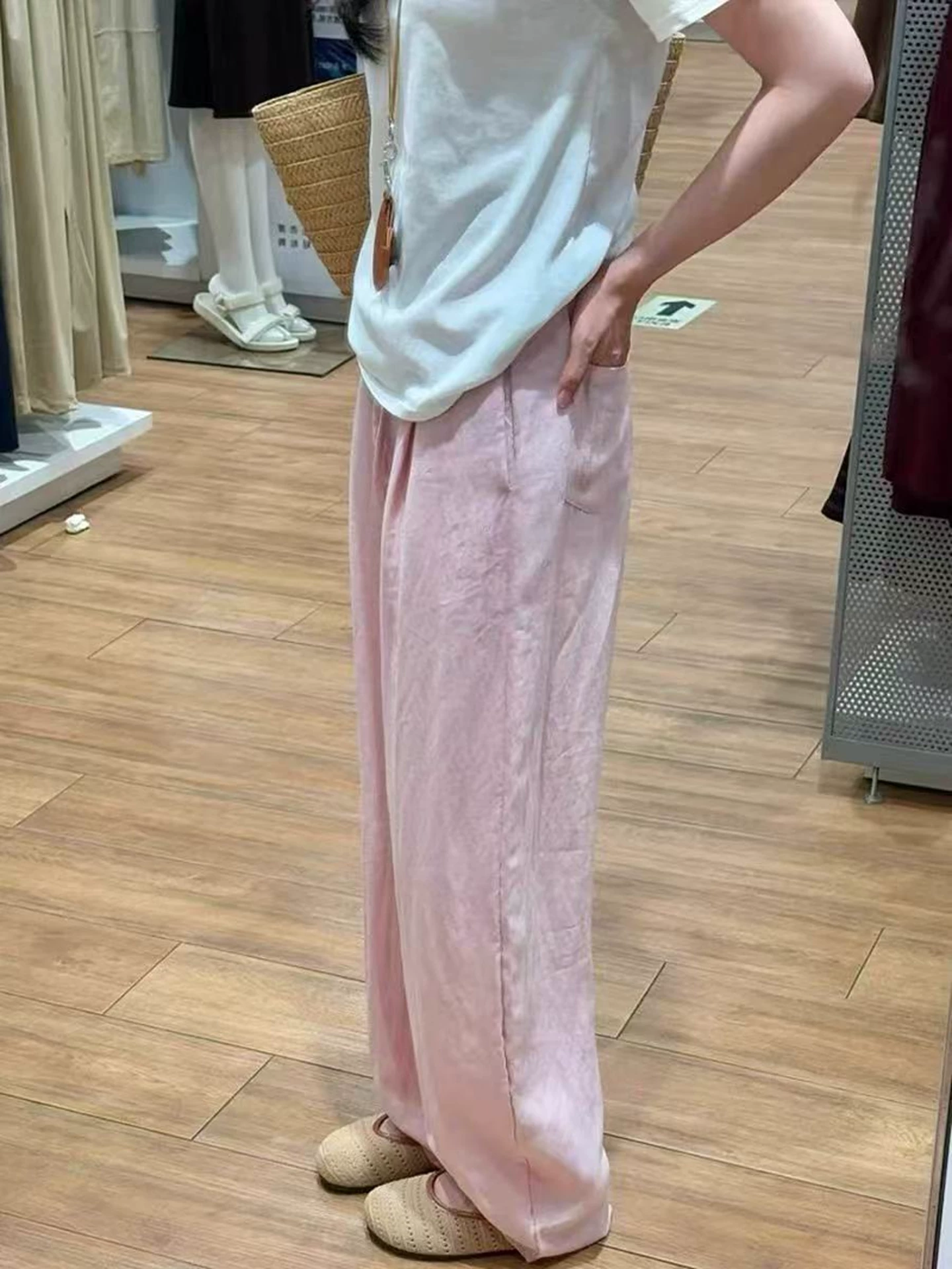 Quần vải lanh màu hồng ống rộng dành cho nữ mùa hè 2025 kiểu dáng mỏng, size lớn, cạp cao, tôn dáng, chất liệu lụa đá mềm mại, dáng rộng