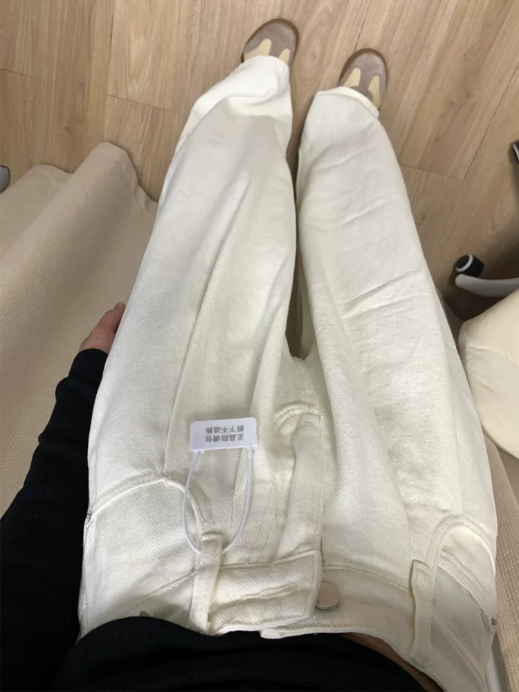 Quần jean ống rộng màu trắng dành cho nữ, mùa xuân hè, cỡ lớn, lưng cao, dáng rộng, thon gọn, dáng quả lê, ống thẳng, quần dài chạm sàn