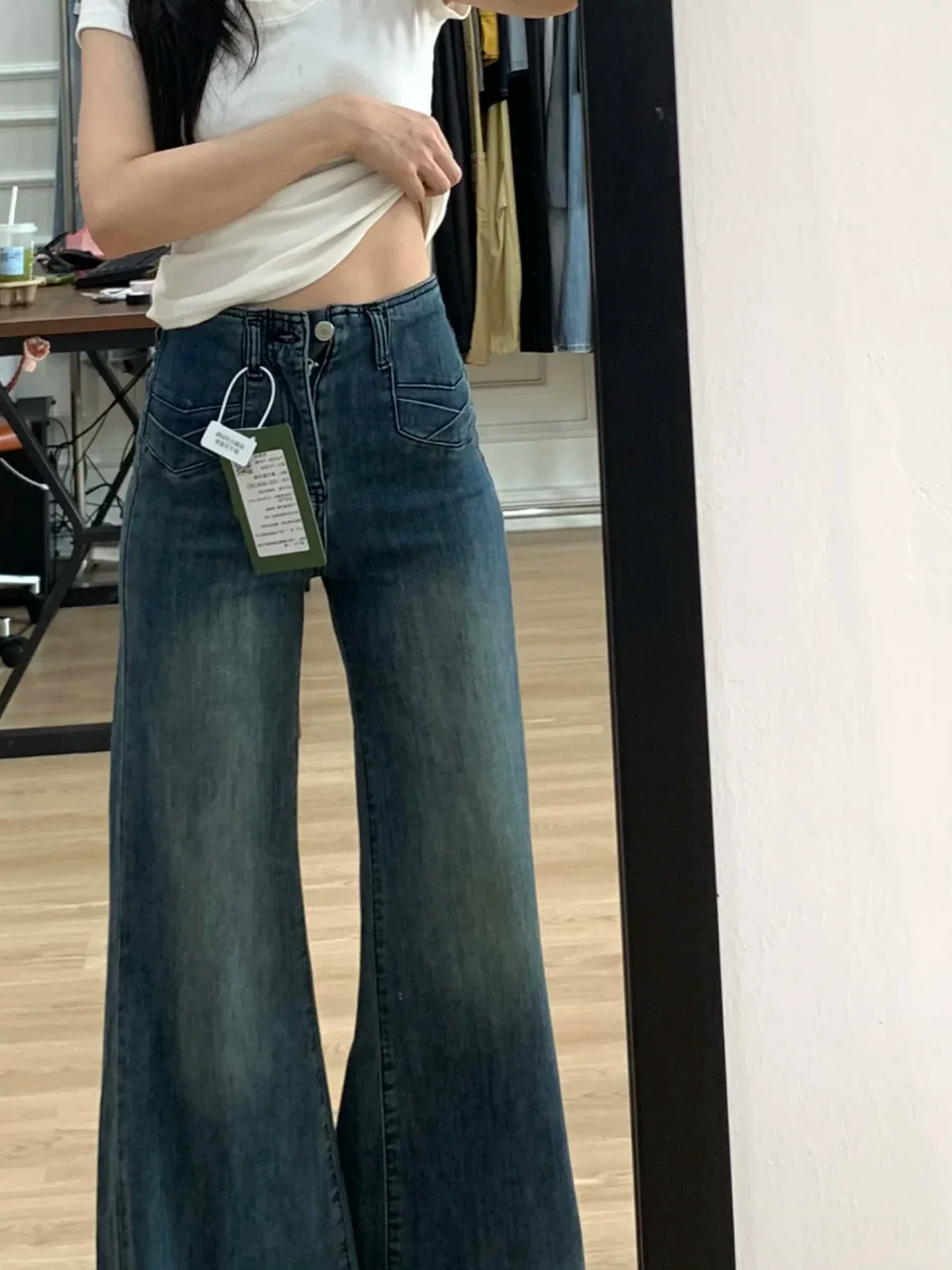 Quần jeans dáng loe cổ điển dành cho nữ, kiểu mới mùa thu 2025, size lớn, cạp cao, co giãn, quần ống chuông che hông