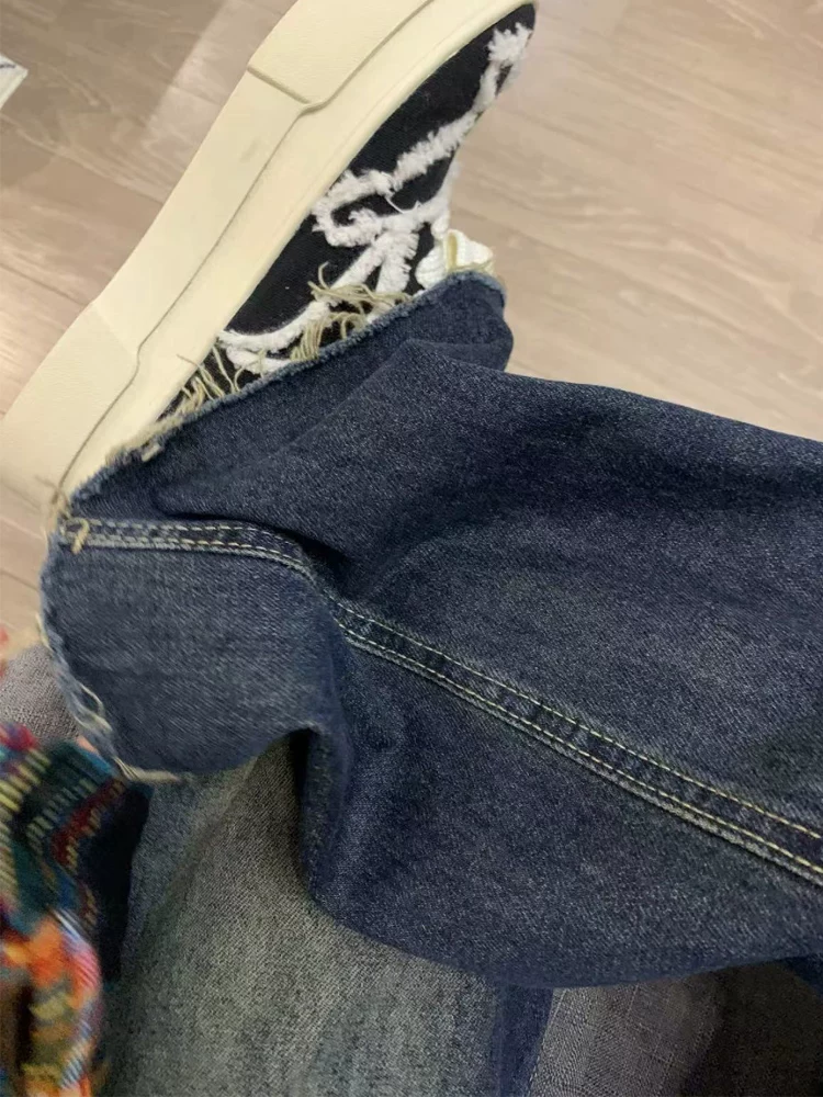 Quần jean ống thẳng rách kiểu Mỹ cổ điển dành cho nữ, phong cách mùa xuân mới, cỡ lớn, lưng cao, dáng rộng, tôn dáng, ống rộng, quần dài chạm sàn