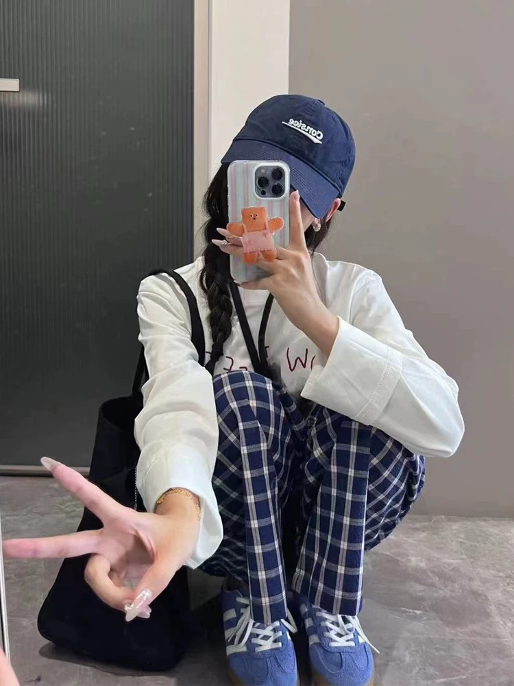 Quần âu kẻ sọc xanh cổ điển dành cho nữ, đầu thu, cỡ lớn, lưng cao, dáng suôn, tôn dáng, dáng thẳng, ống rộng, quần dài chạm sàn