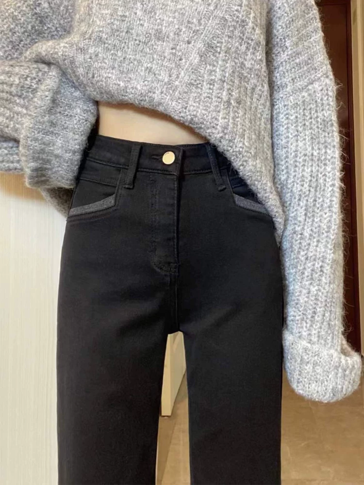 Quần jean ống đứng viền lượn sóng dành cho nữ, mùa thu, cỡ lớn, lưng cao, co giãn, che hông, giảm béo, dáng quả lê, quần ống thuốc lá, dài ngang mắt cá chân.