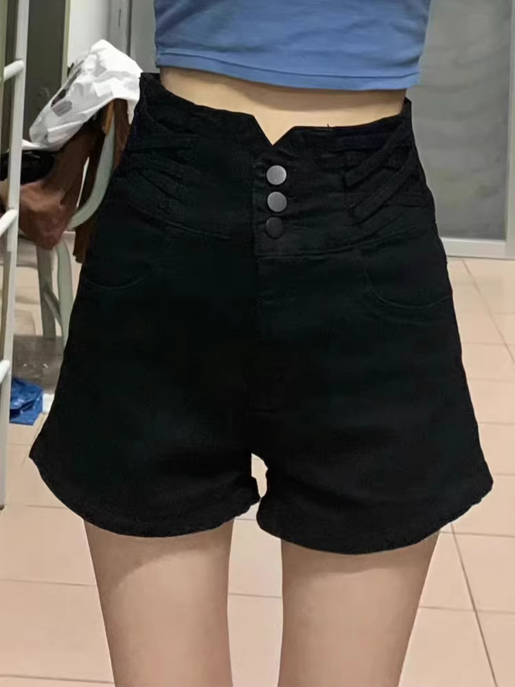 Quần short denim dáng lê dành cho nữ, size lớn mùa hè, cạp cao, che bụng, co giãn, tôn dáng, quần ống rộng dáng chữ A