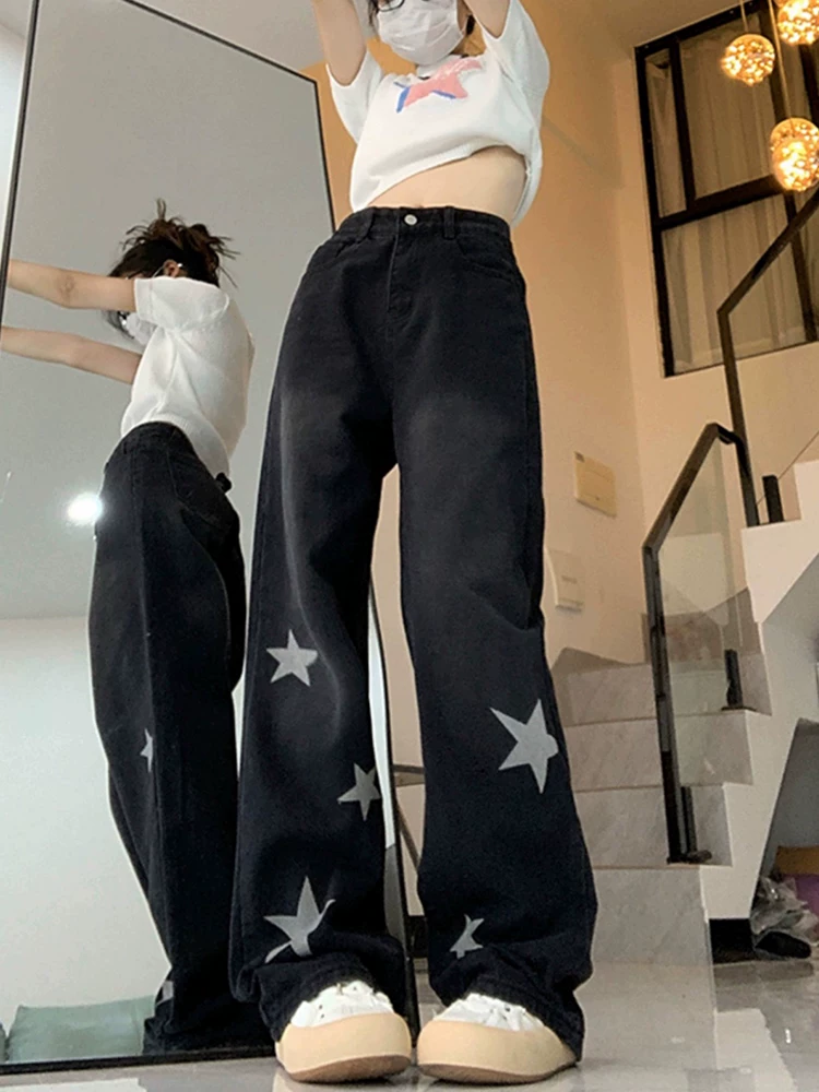 Quần jean dáng thẳng thiết kế dáng quả lê dành cho nữ, mặc đầu thu, quần jean ống rộng cạp cao dáng rộng, dáng rộng, cỡ lớn