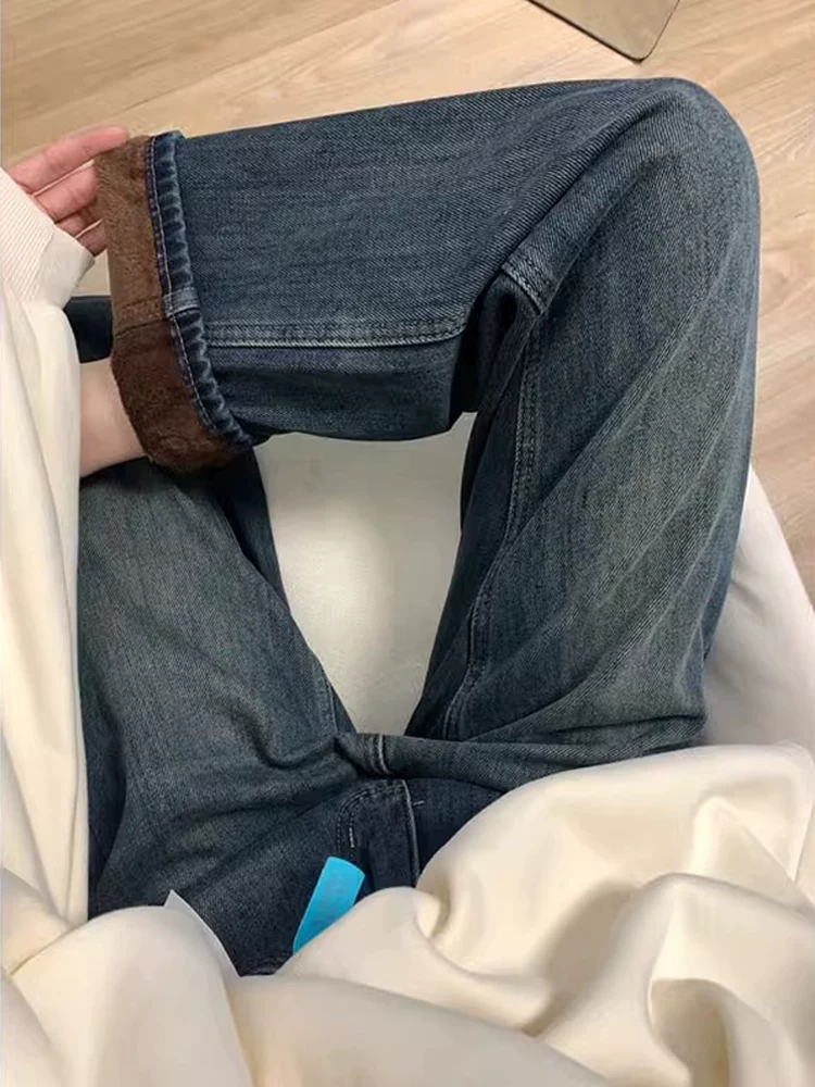 Quần jean ống thẳng dày dặn, lót lông cừu, dáng quả lê dành cho nữ, size lớn mùa đông, cạp cao, rộng rãi, tôn dáng, quần ống rộng.