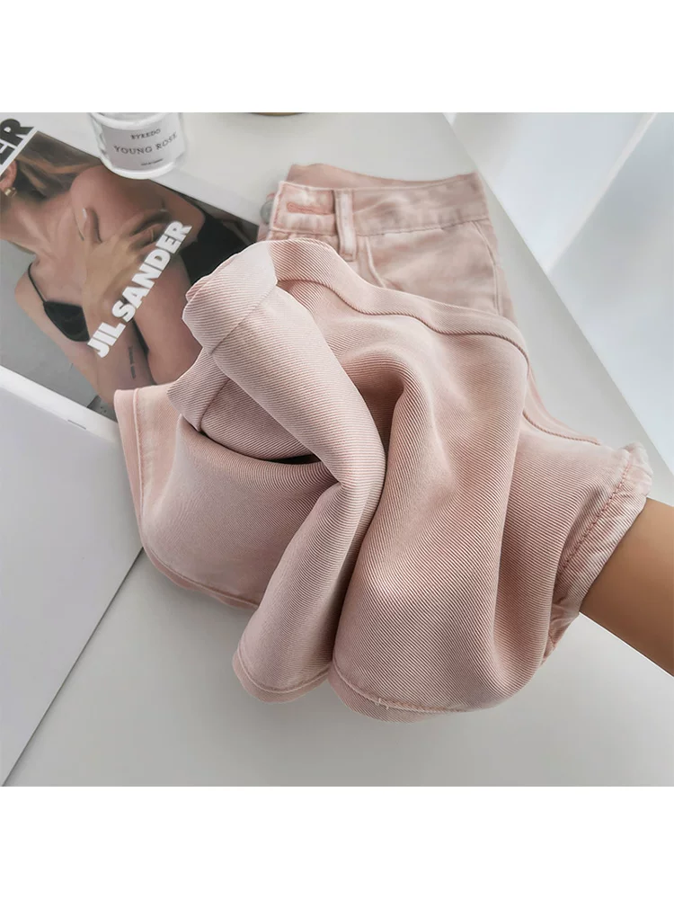 Quần jean ống đứng màu hồng Tencel dành cho nữ, kiểu dáng mỏng mùa hè, cỡ lớn, lưng cao, dáng rộng, tôn dáng, quần dài ống rộng bằng vải lụa băng