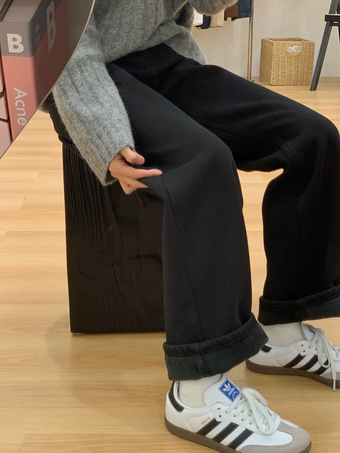 Quần jean ống đứng lót lông màu đen dành cho nữ, mùa đông, cỡ lớn, lưng cao, co giãn, giảm béo, dáng quả lê, quần ống rộng hẹp