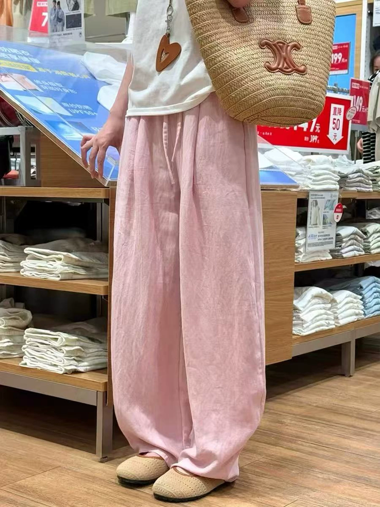 Quần vải lanh màu hồng ống rộng dành cho nữ mùa hè 2025 kiểu dáng mỏng, size lớn, cạp cao, tôn dáng, chất liệu lụa đá mềm mại, dáng rộng