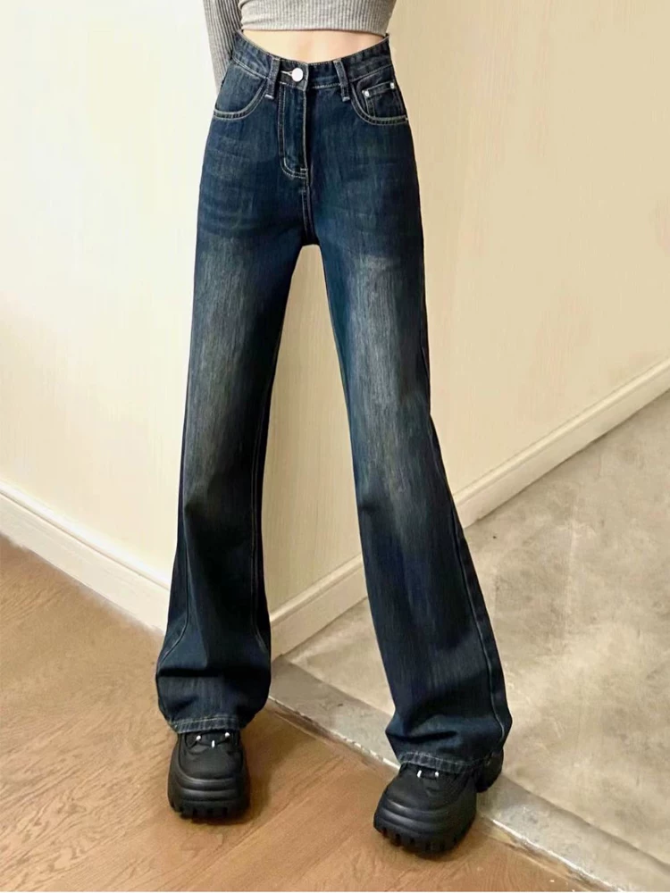 Quần jean ống rộng dáng chữ E màu xanh retro dành cho nữ, size lớn, cạp cao, dáng rộng, tôn dáng, dài chấm đất
