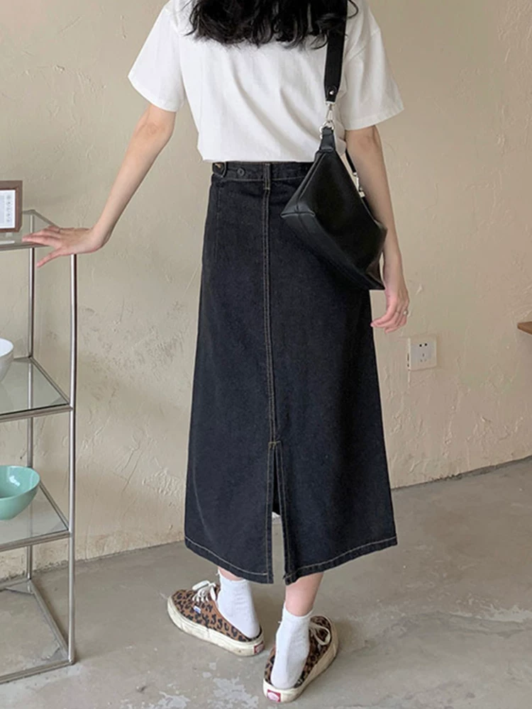 Phong cách mới mùa hè dành cho phụ nữ hơi mũm mĩm, dáng quả lê, che hông, giảm béo, váy denim chữ A dài vừa phải, cạp cao