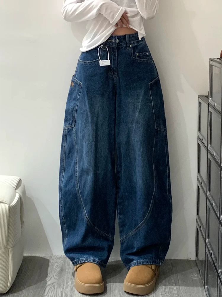 Quần jean kiểu cổ điển Mỹ dành cho nữ, cỡ lớn mùa xuân, cạp cao, dáng rộng, che hông, giảm béo, ống rộng, quần dài đến sàn
