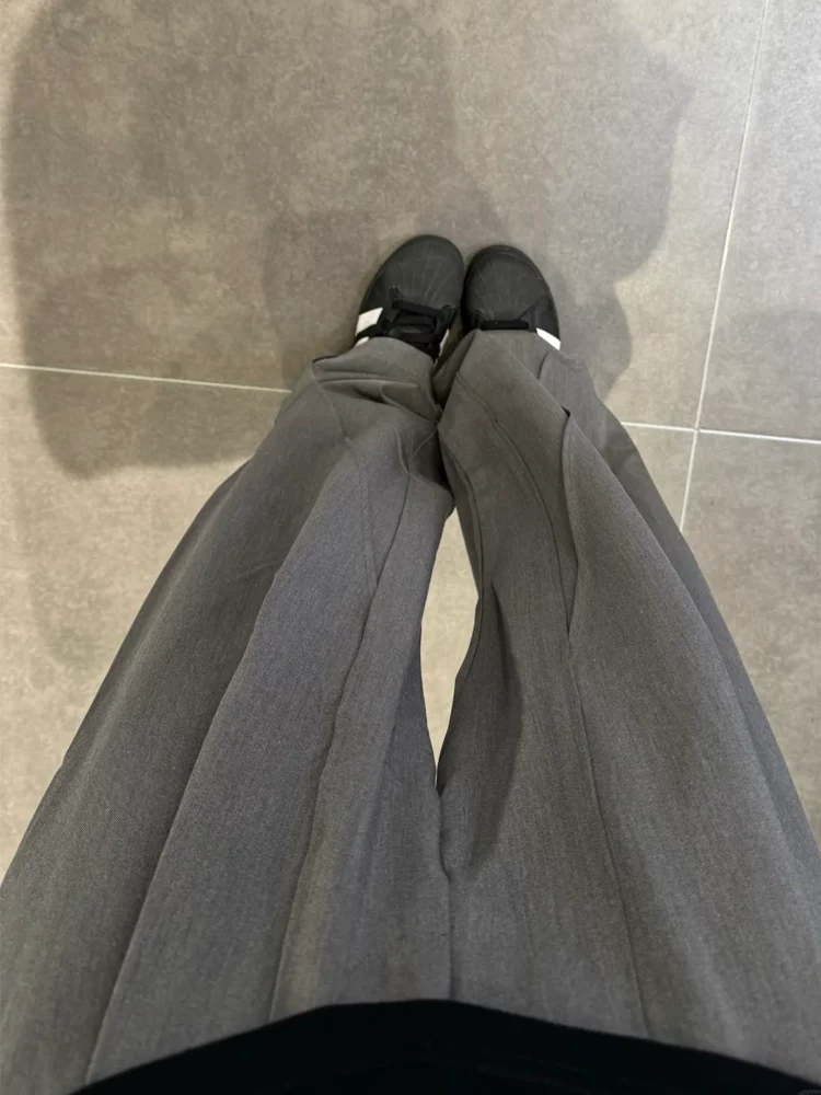 Quần âu màu xám dành cho nữ, kiểu dáng mùa xuân mới, cỡ lớn, lưng cao, tôn dáng, ống thẳng, ống rộng, dài chạm sàn