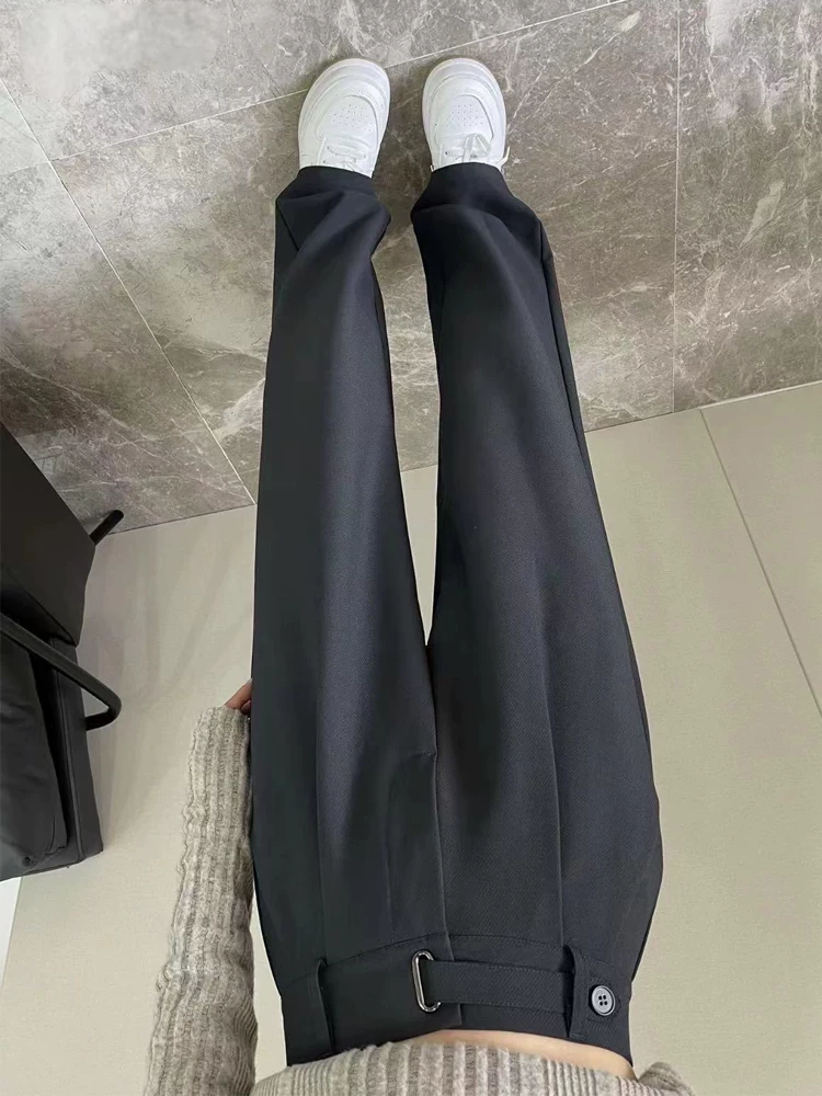 Quần âu ống đứng màu xám dành cho nữ, phong cách mới đầu thu, cỡ lớn, lưng cao, mềm mại, che hông, giảm béo, quần ống rộng thông thường