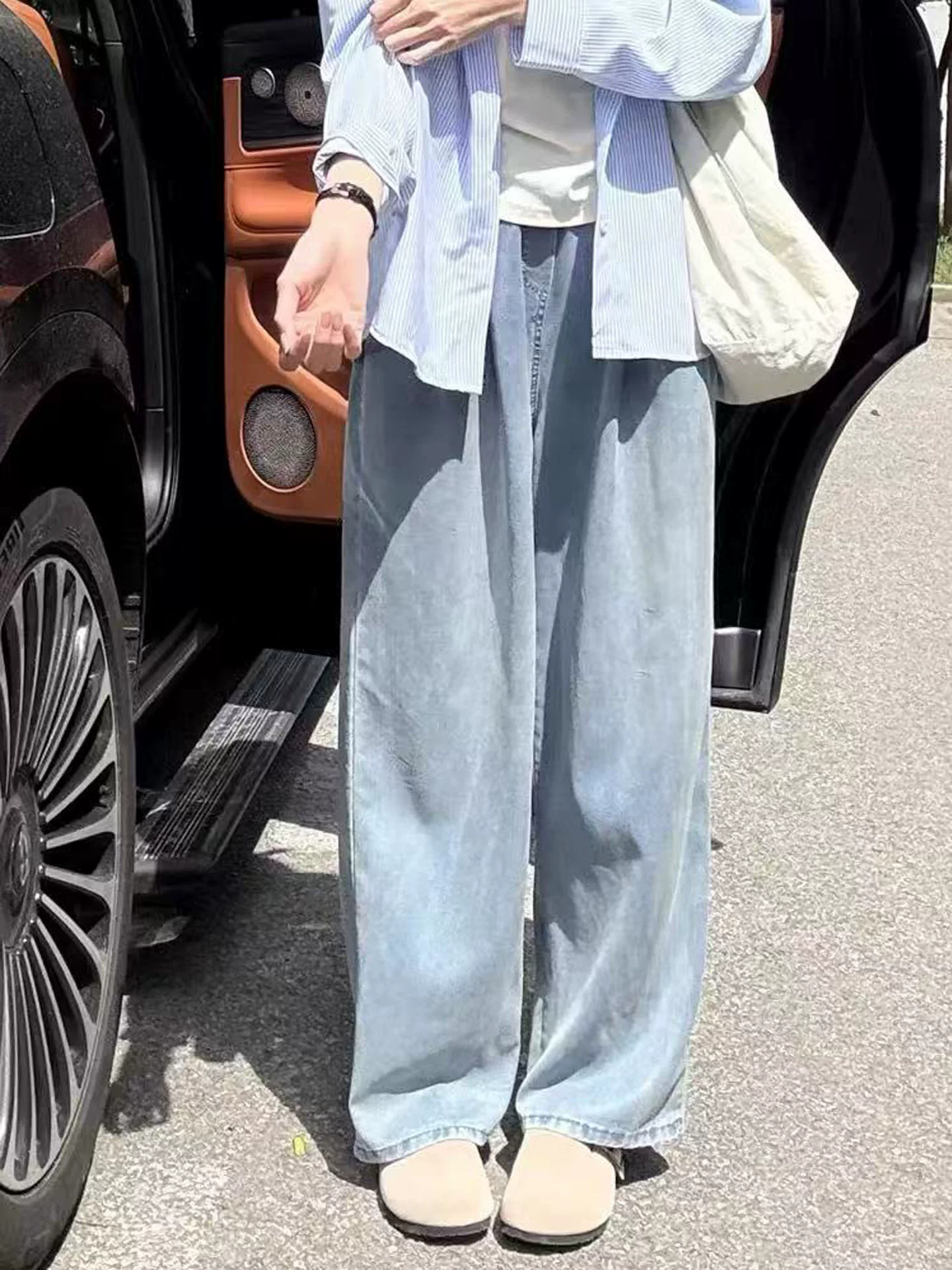 Quần jean Tencel dành cho nữ, kiểu dáng mỏng mùa hè, cỡ lớn, lưng cao, giảm béo, dáng quả lê, nhỏ nhắn, vải lụa băng, quần ống rộng