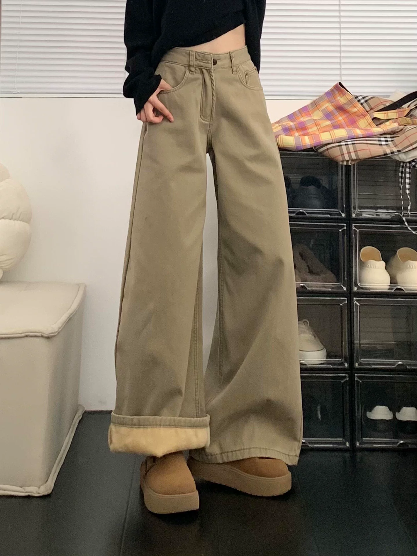 Quần jean ống rộng kiểu Mỹ dành cho nữ, mùa thu đông, cỡ lớn, lót lông cừu, dày dặn, lưng cao, dáng rộng, giảm béo, quần ống đứng màu kaki