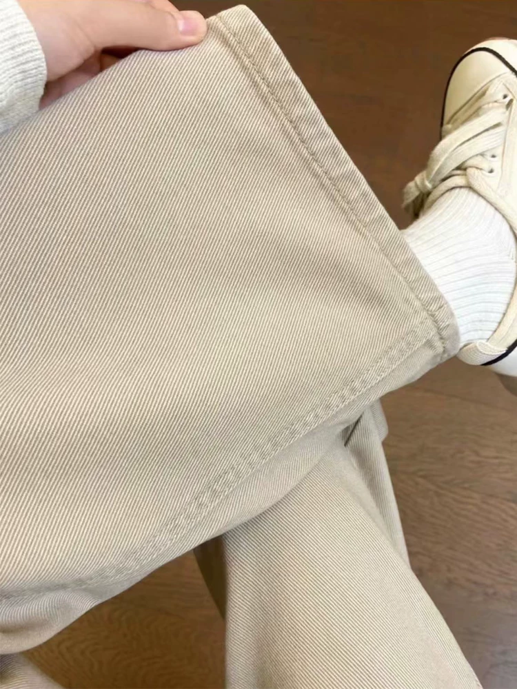 Quần jean ống đứng màu kaki cho nữ, cỡ lớn, phong cách mới mùa thu, lưng cao, dáng rộng, che hông, giảm béo, quần ống rộng