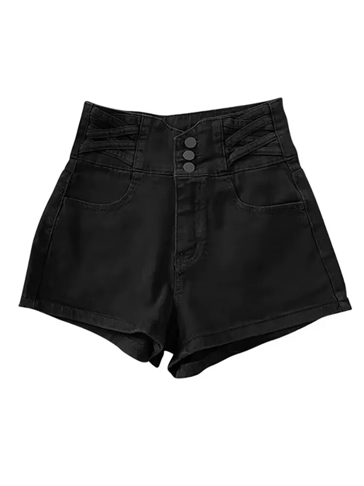 Quần short denim dáng lê dành cho nữ, size lớn mùa hè, cạp cao, che bụng, co giãn, tôn dáng, quần ống rộng dáng chữ A