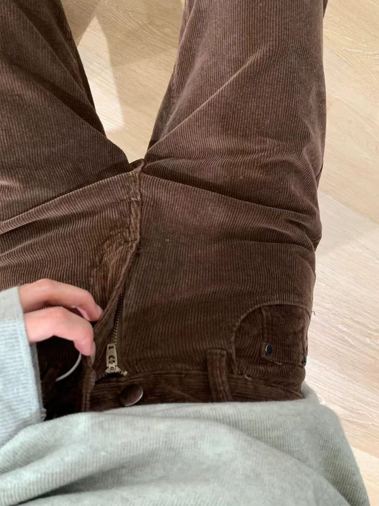 Quần ống rộng vải nhung dày lót lông cừu dành cho nữ, mùa thu đông, cỡ lớn, lưng cao, che hông, giảm béo, quần ống thẳng hẹp.