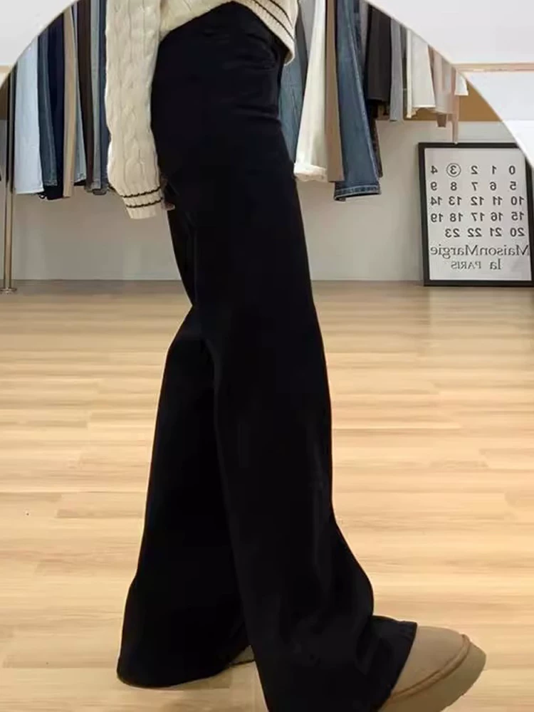 Quần jean đen loe dành cho nữ, lót lông cừu mùa đông, cỡ lớn, dáng quả lê, lưng cao, tôn dáng, che hông, quần ống chuông mùa xuân