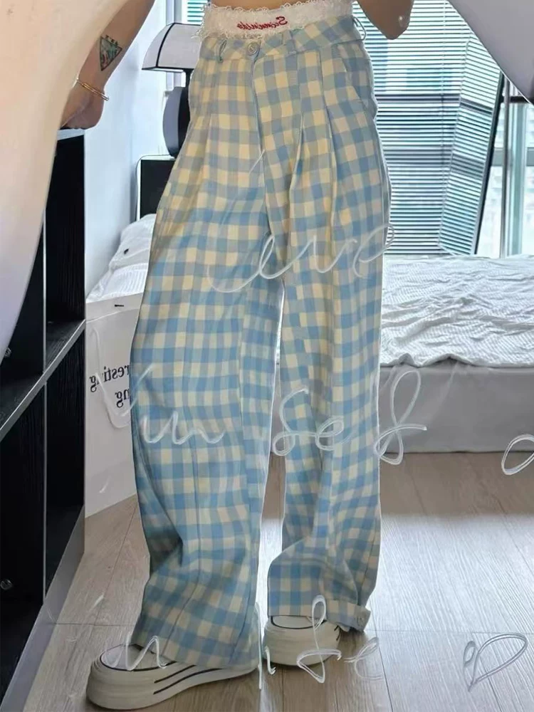 Quần kẻ xanh nữ mùa hè 2025 kiểu mới, size lớn, cạp cao, dáng rộng, tôn dáng, thẳng, chất liệu kaki, phong cách thường ngày