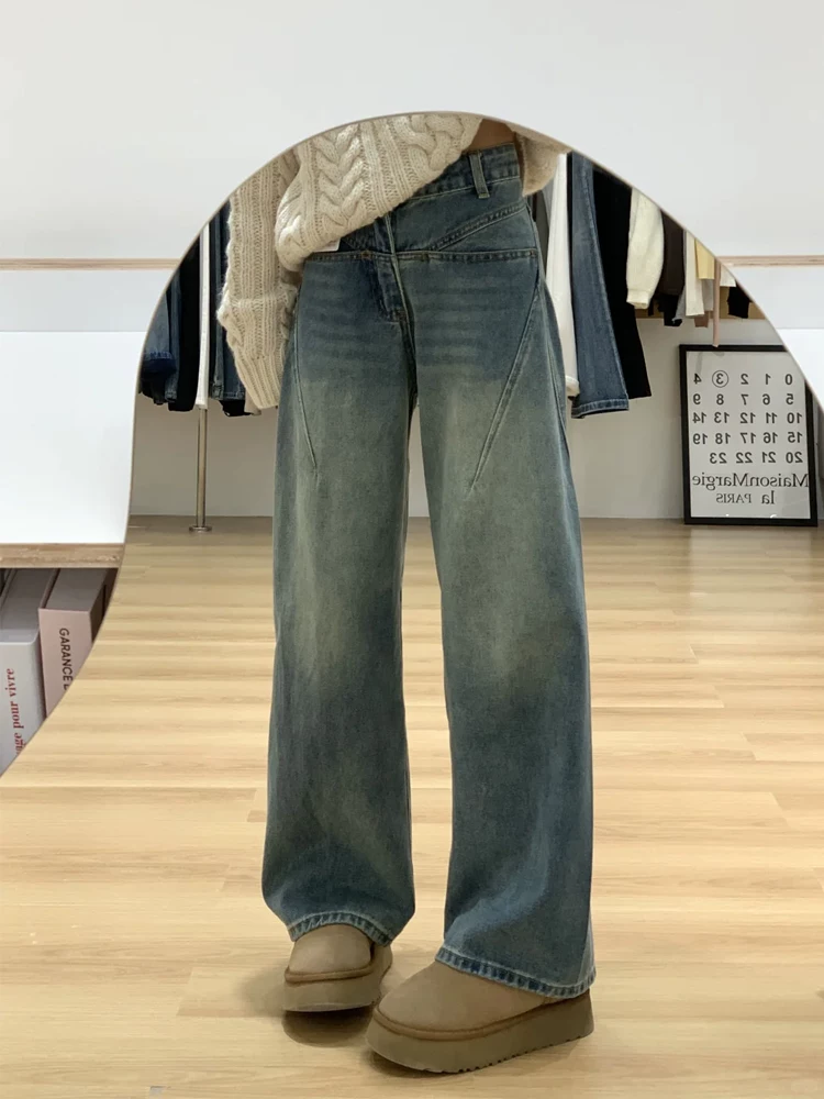 Quần jeans kiểu Mỹ cổ điển dáng scimitar dành cho nữ xuân 2025, size lớn, cạp cao, tôn dáng, ống rộng, dài chấm đất