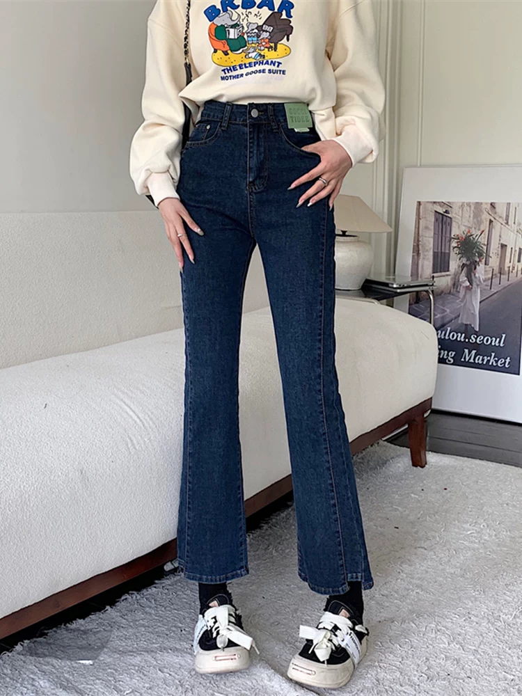 Quần jean dáng chuông nhỏ nhắn dành cho mùa thu đông, lót lông cừu, hơi mũm mĩm, cạp cao, che hông, quần ống đứng tôn dáng