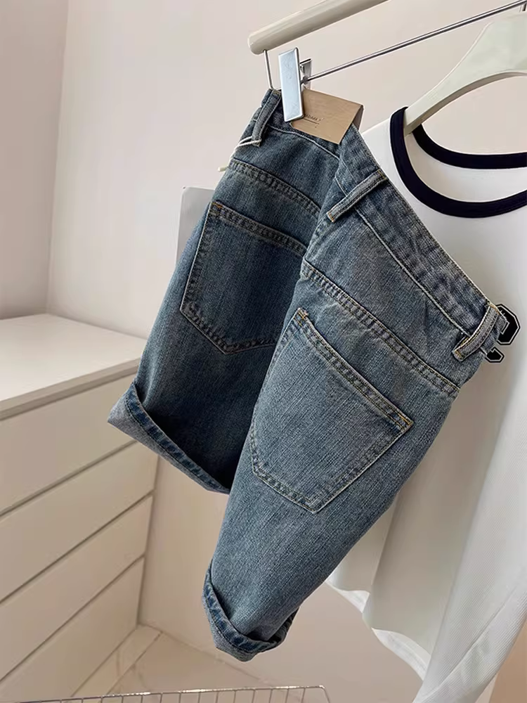 Quần short denim ống đứng cổ điển dành cho nữ, kiểu dáng mỏng mùa hè, cỡ lớn, lưng cao, dáng rộng, tôn dáng, quần short dài vừa phải kiểu chữ A.