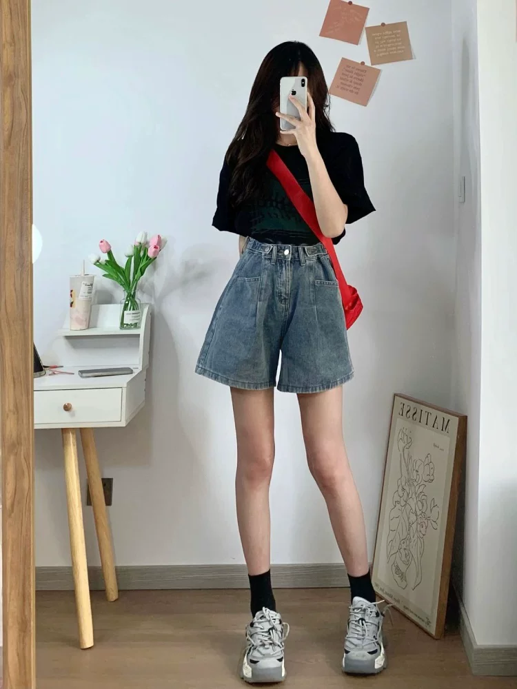 Quần short denim dáng quả lê dành cho nữ, cạp cao mùa hè, tôn dáng, che hông, size lớn, quần short dáng chữ A rộng ống rộng năm phần.