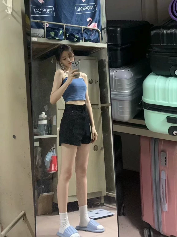 Quần short denim dáng lê dành cho nữ, size lớn mùa hè, cạp cao, che bụng, co giãn, tôn dáng, quần ống rộng dáng chữ A