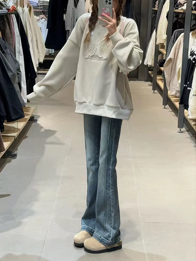 Quần jean dáng quả lê dành cho nữ, cỡ lớn mùa đông, lót lông cừu, dày dặn, cạp cao, co giãn, che hông, quần bootcut tôn dáng