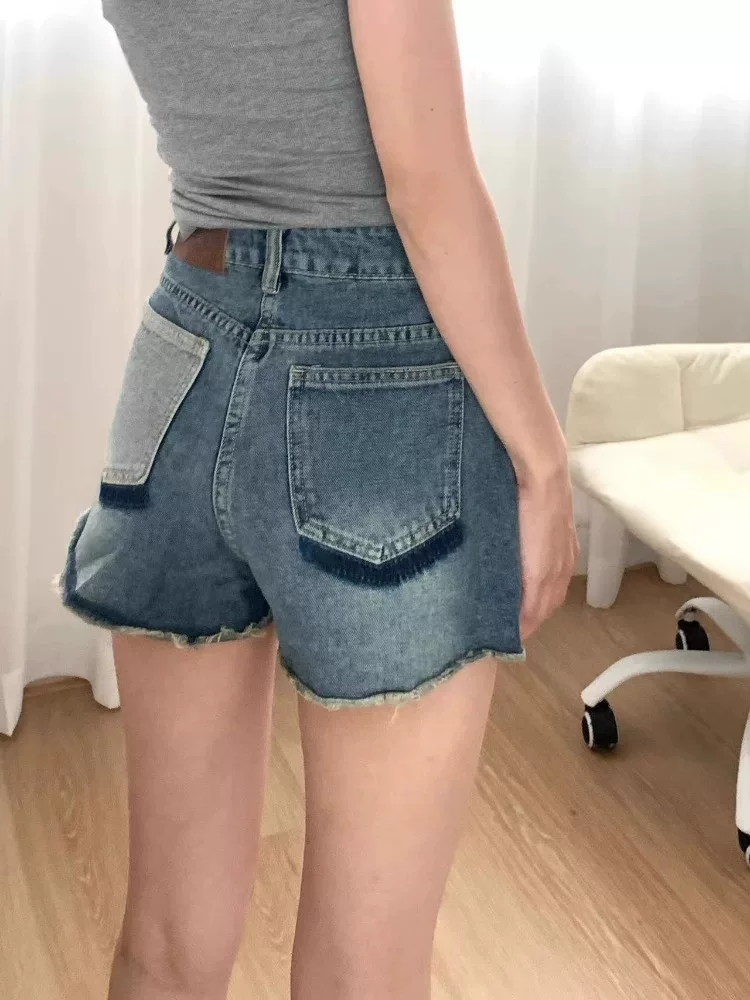 Quần short denim cổ điển dành cho nữ, cỡ lớn mùa hè, kiểu dáng thời trang, cạp cao, che hông, quần ống rộng dáng chữ A, rách, tôn dáng