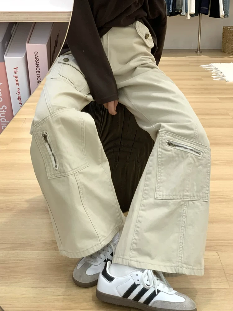 Quần cargo kiểu Mỹ cổ điển dành cho nữ, cỡ lớn mùa hè, lưng cao, dáng rộng, thon gọn, dáng quả lê, quần ống rộng