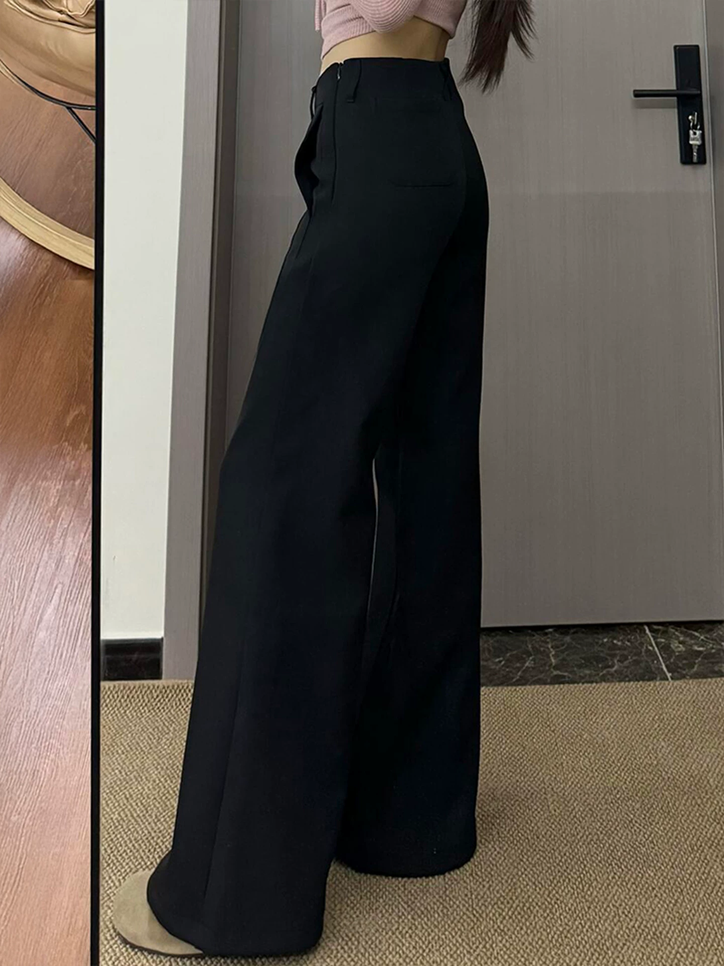 Quần tây dáng chuông màu đen dành cho nữ, size lớn mùa hè, cạp cao mùa thu sớm, quần suông tôn dáng