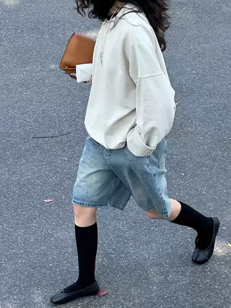 Quần short denim vintage nữ, hè 2025, size lớn, cạp cao, tôn dáng, dành cho người có dáng quả lê, quần short ống rộng dài ngang đùi