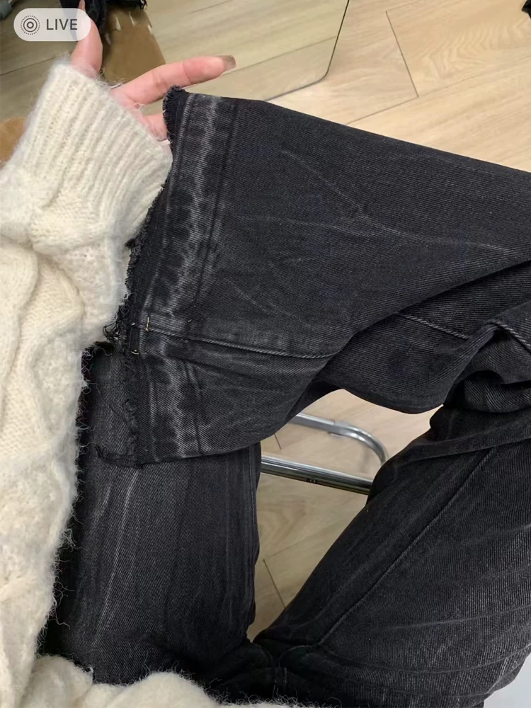 Quần jean ống đứng dành cho nữ, kiểu thu đông, lót lông cừu, cỡ lớn, màu đen và xám, không bó sát ở chân, cạp cao, quần ống loe che hông.