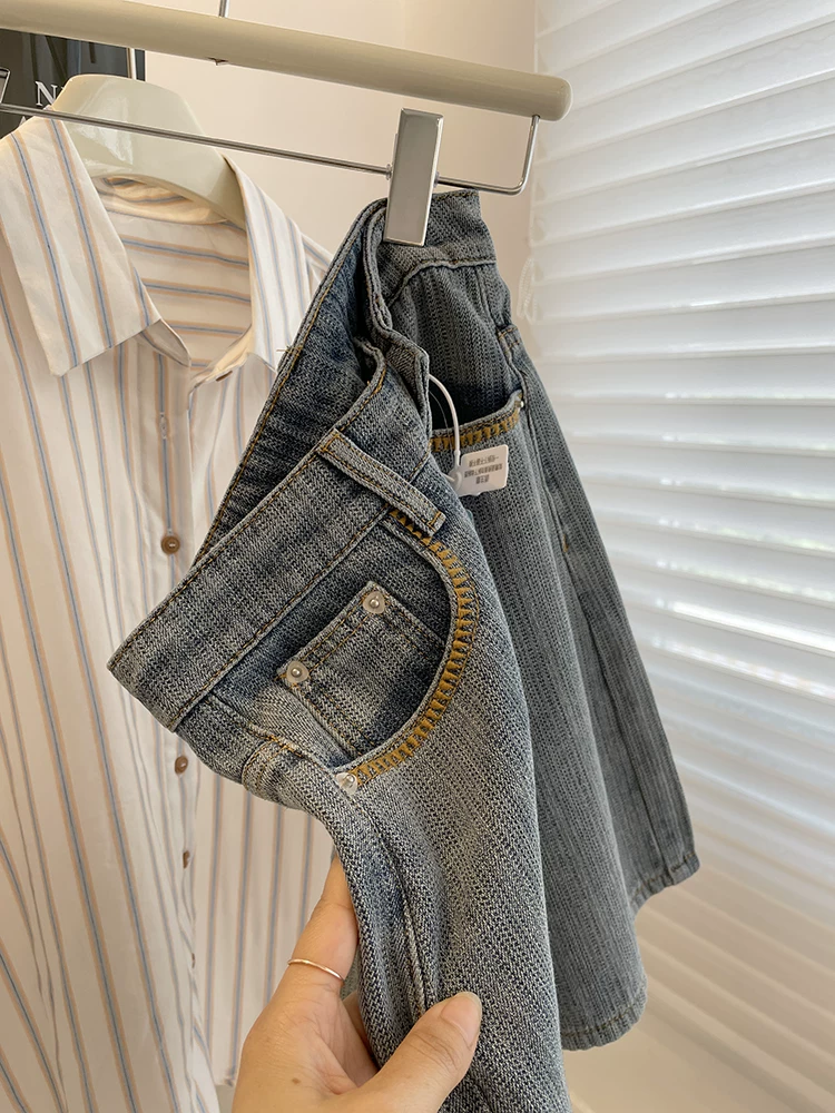 Quần short denim cổ điển dáng quả lê dành cho nữ, kiểu dáng mỏng mùa hè, cỡ lớn, lưng cao, dáng rộng, dáng suông, dáng rộng, quần short dài vừa phải.